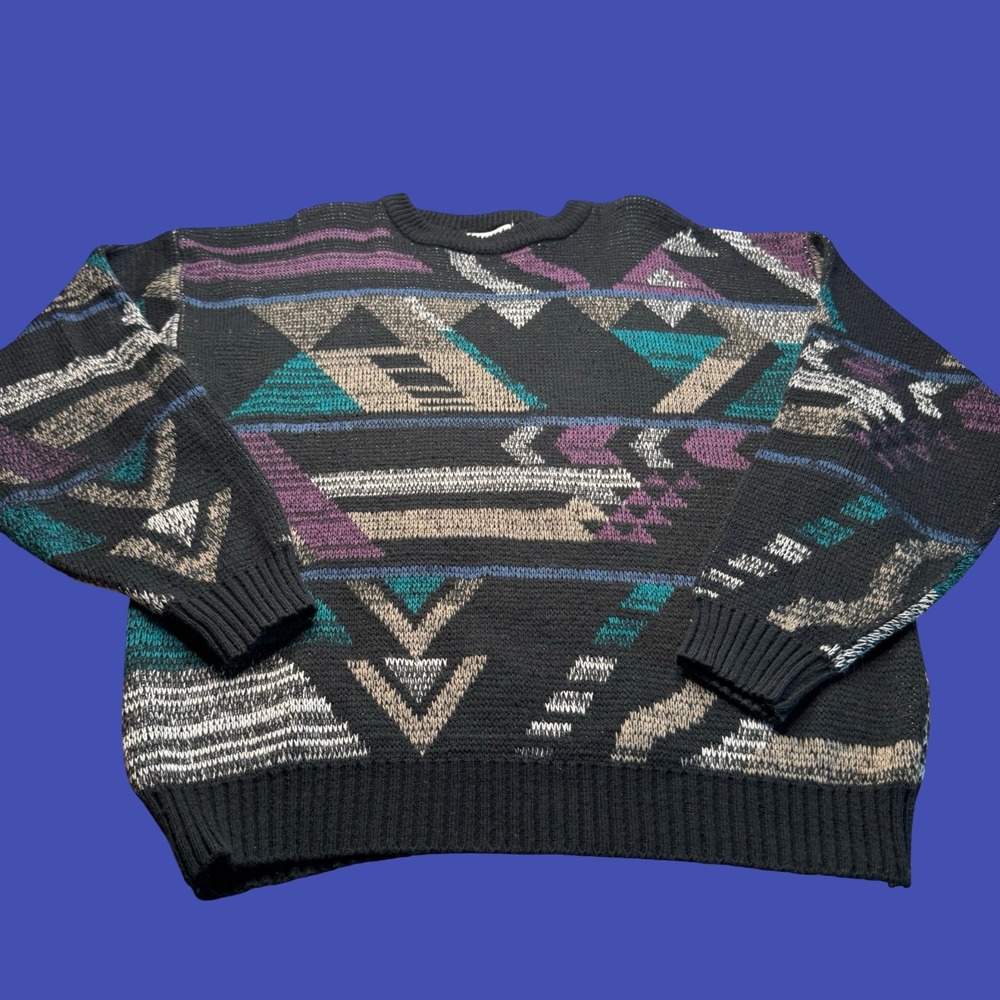Puritan Sweater Large Mens Black Geometric Southwestern Knit Acrylic Vintage